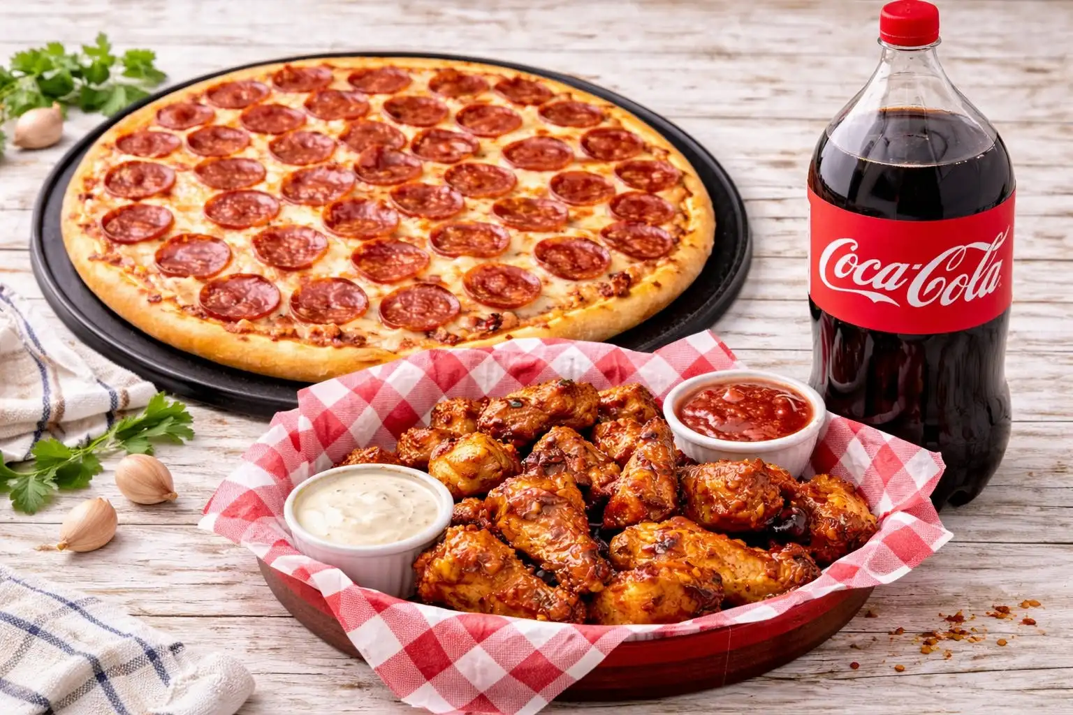Large One Topping Pizza, 8 Pieces Wings & 2 Liter Pop Wednesday Special.